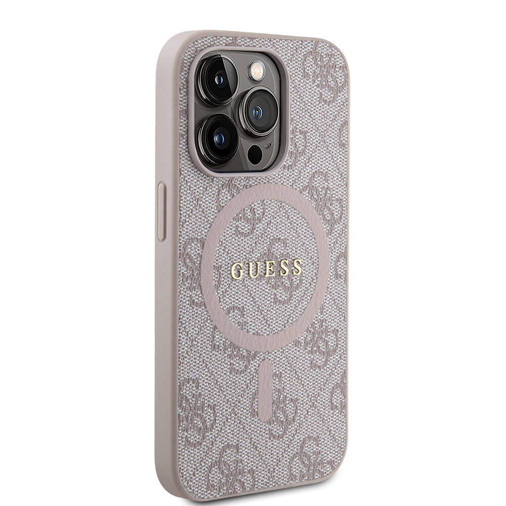 Apple iPhone 14 Pro Max Kılıf Guess Orjinal Lisanslı M-safe Şarj Özellikli PU Halkalı 4G Desenli Yazı Logolu Kapak Kahverengi