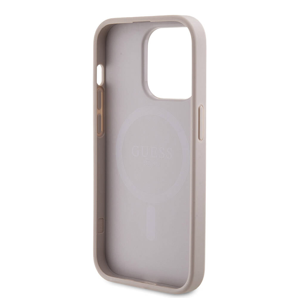 Apple iPhone 14 Pro Max Kılıf Guess Orjinal Lisanslı M-safe Şarj Özellikli PU Halkalı 4G Desenli Yazı Logolu Kapak Kahverengi