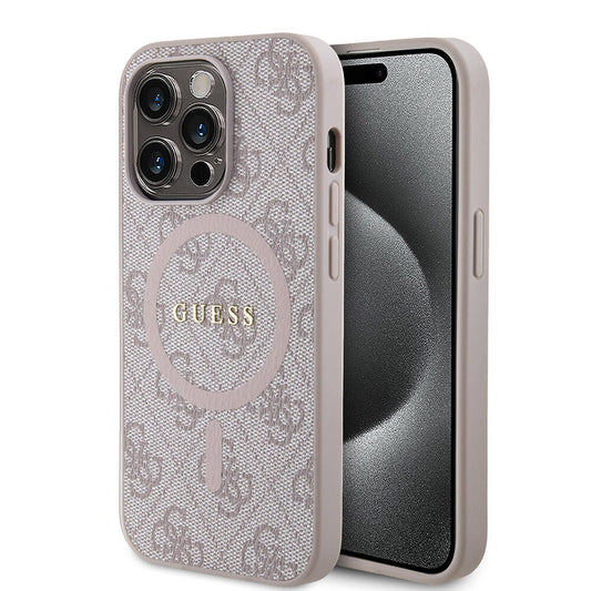 Apple iPhone 14 Pro Max Kılıf Guess Orjinal Lisanslı M-safe Şarj Özellikli PU Halkalı 4G Desenli Yazı Logolu Kapak Pembe
