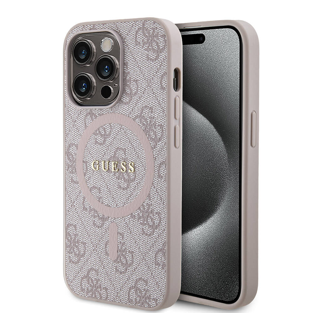Apple iPhone 14 Pro Max Kılıf Guess Orjinal Lisanslı M-safe Şarj Özellikli PU Halkalı 4G Desenli Yazı Logolu Kapak Kahverengi