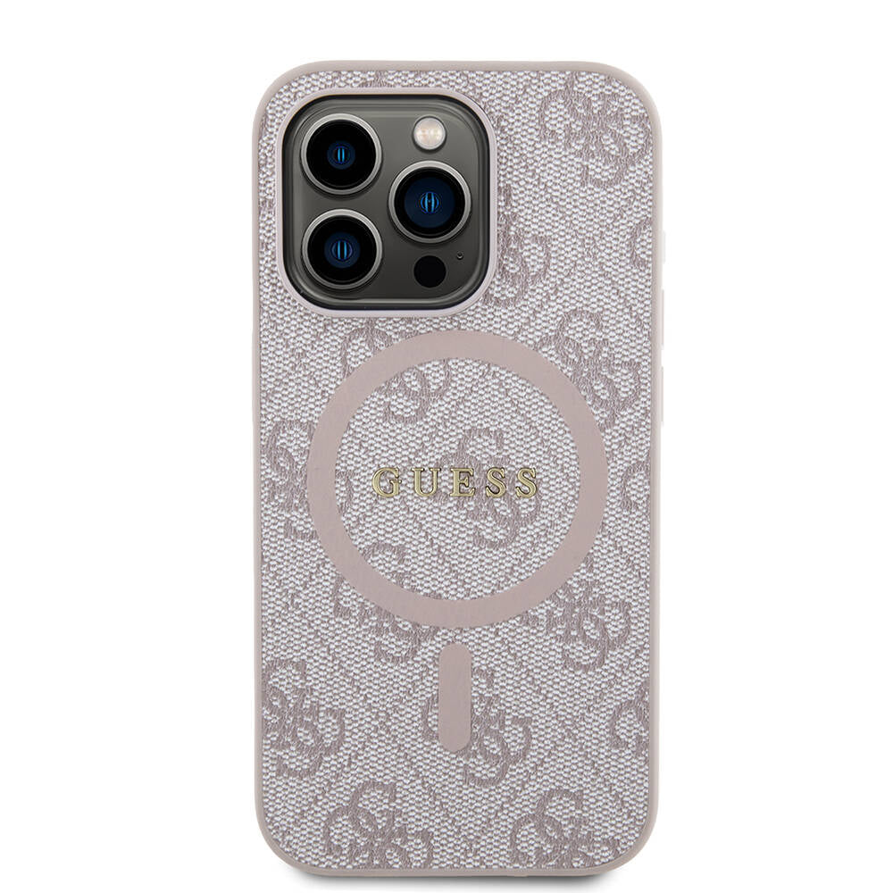 Apple iPhone 14 Pro Max Kılıf Guess Orjinal Lisanslı M-safe Şarj Özellikli PU Halkalı 4G Desenli Yazı Logolu Kapak Pembe