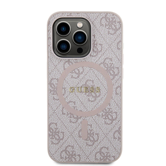 Apple iPhone 14 Pro Max Kılıf Guess Orjinal Lisanslı M-safe Şarj Özellikli PU Halkalı 4G Desenli Yazı Logolu Kapak Pembe