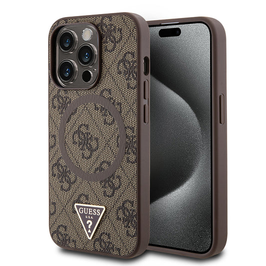 Apple iPhone 14 Pro Max Kılıf Guess Orjinal Lisanslı M-safe Şarj Özellikli PU Üçgen Logo 4G Desenli Kapak Siyah