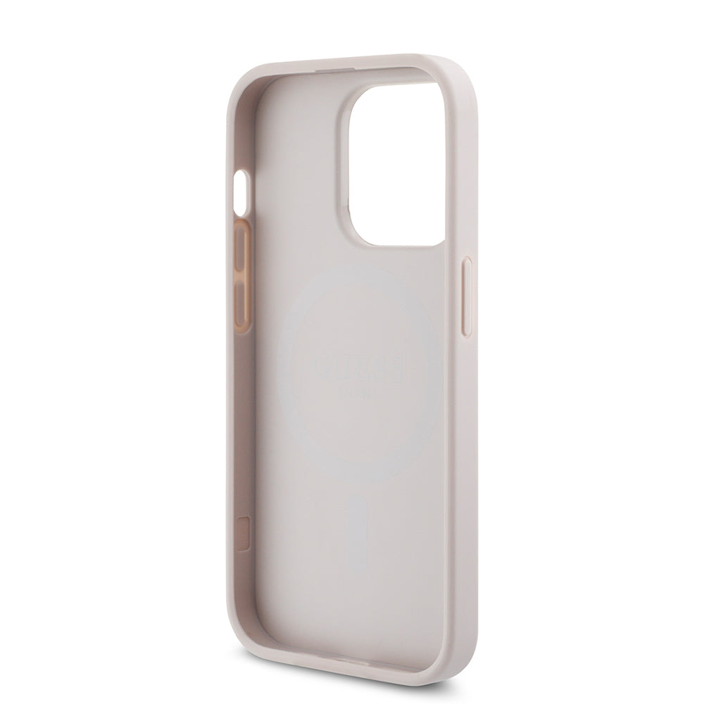 Apple iPhone 14 Pro Max Kılıf Guess Orjinal Lisanslı M-safe Şarj Özellikli PU Üçgen Logo 4G Desenli Kapak Pembe