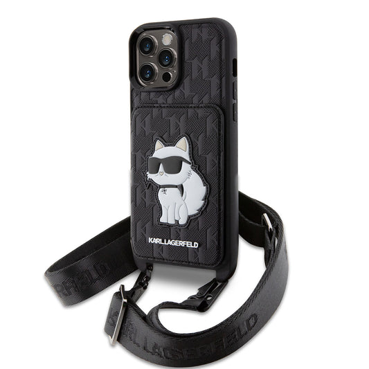 Apple iPhone 14 Pro Max Kılıf Karl Lagerfeld Boyun Askılı Kartlıklı Choupette Dizayn Kapak Siyah