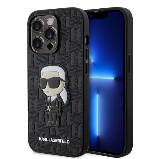 Apple iPhone 14 Pro Max Kılıf Karl Lagerfeld Saffiano Deri Karl Dizayn Kapak Siyah