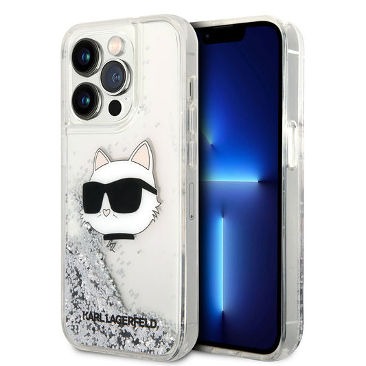Apple iPhone 14 Pro Max Kılıf Karl Lagerfeld Sıvılı Simli Choupette Head Dizayn Kapak Siyah