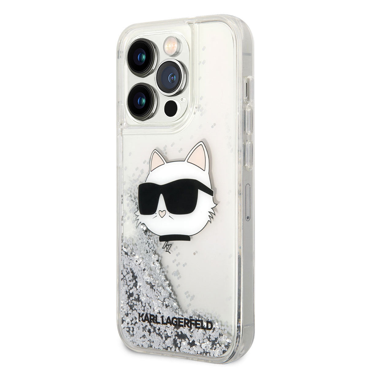 Apple iPhone 14 Pro Max Kılıf Karl Lagerfeld Sıvılı Simli Choupette Head Dizayn Kapak Pembe