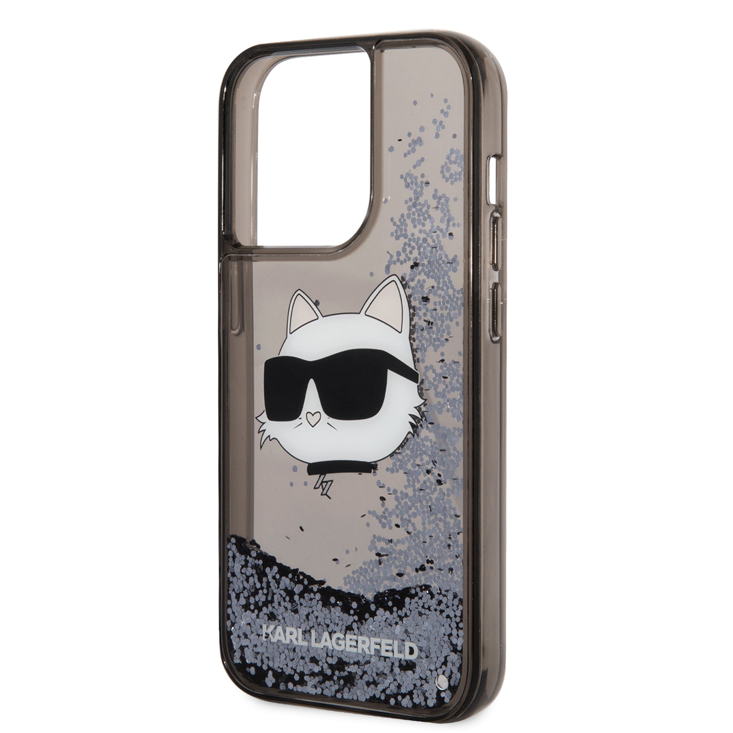 Apple iPhone 14 Pro Max Kılıf Karl Lagerfeld Sıvılı Simli Choupette Head Dizayn Kapak Gümüş