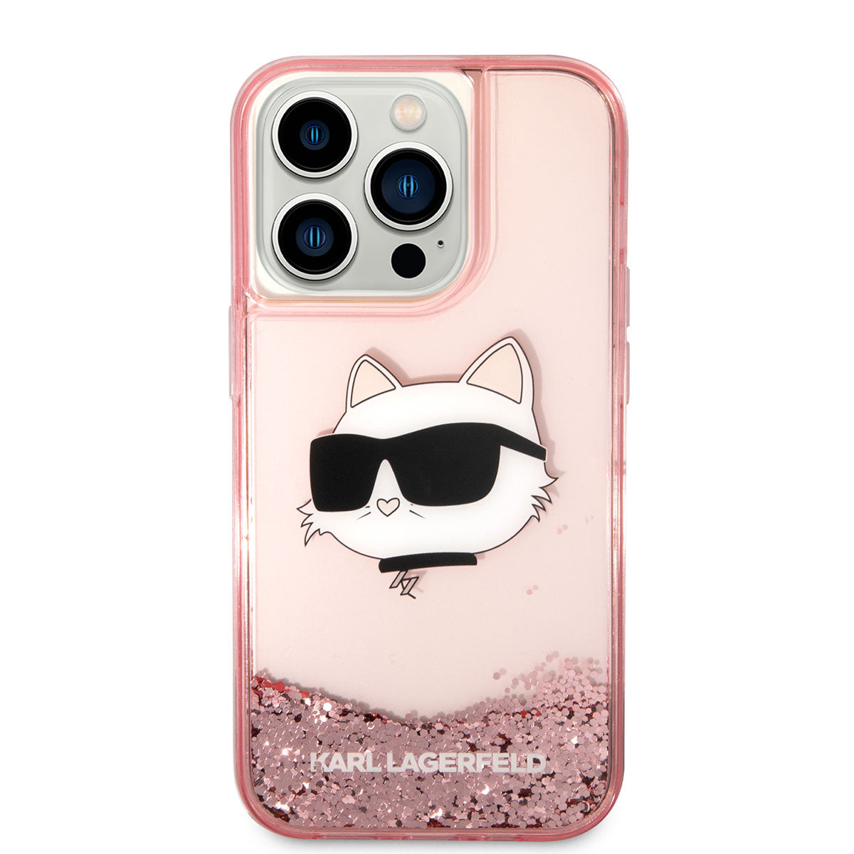 Apple iPhone 14 Pro Max Kılıf Karl Lagerfeld Sıvılı Simli Choupette Head Dizayn Kapak Pembe