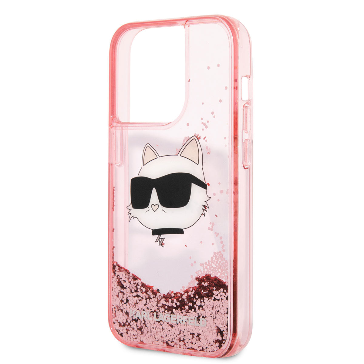 Apple iPhone 14 Pro Max Kılıf Karl Lagerfeld Sıvılı Simli Choupette Head Dizayn Kapak Pembe