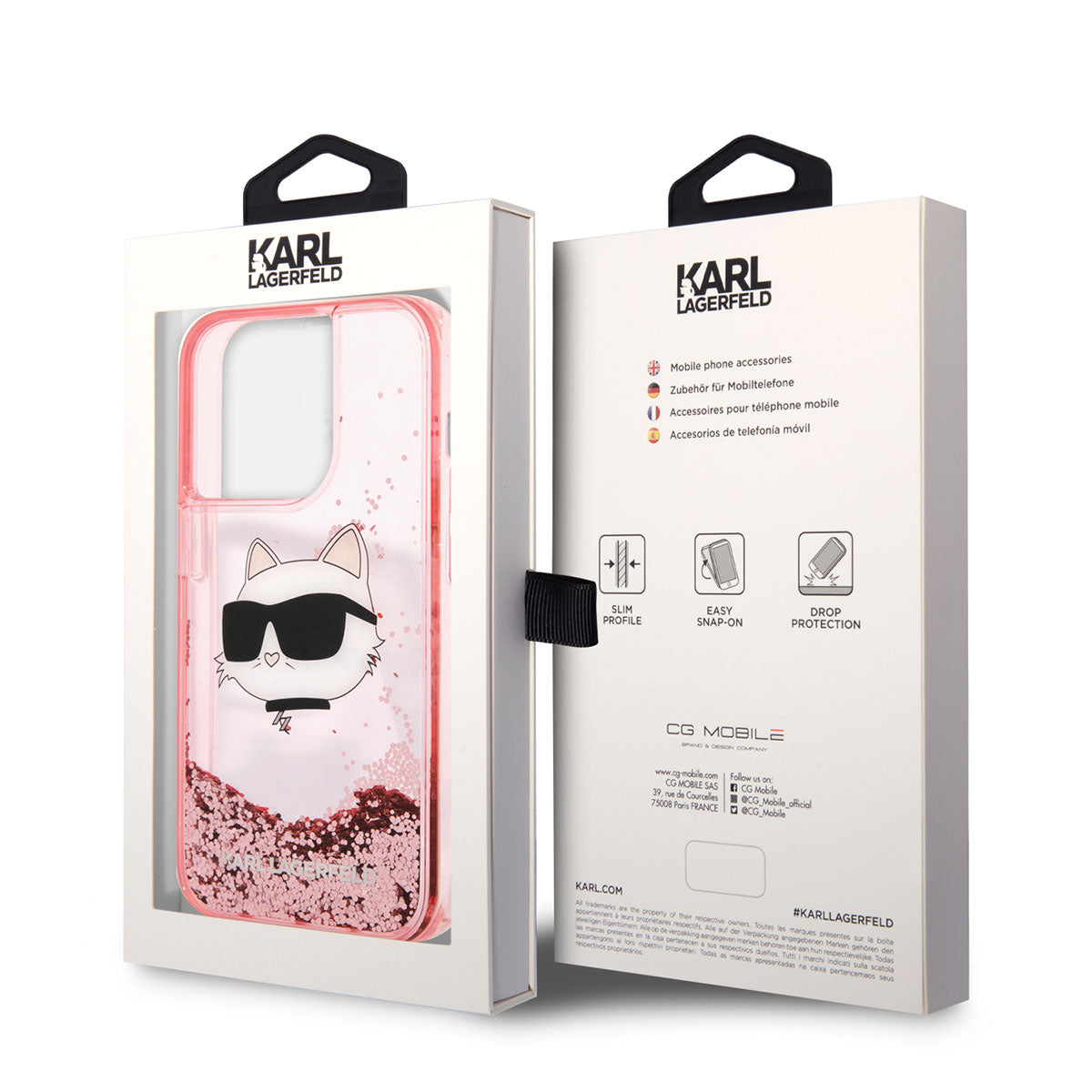 Apple iPhone 14 Pro Max Kılıf Karl Lagerfeld Sıvılı Simli Choupette Head Dizayn Kapak Pembe