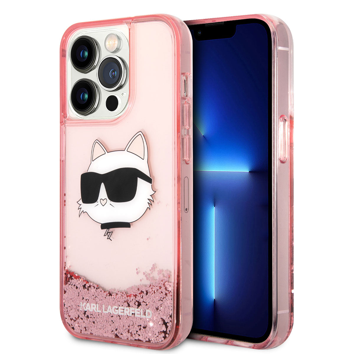 Apple iPhone 14 Pro Max Kılıf Karl Lagerfeld Sıvılı Simli Choupette Head Dizayn Kapak Gümüş