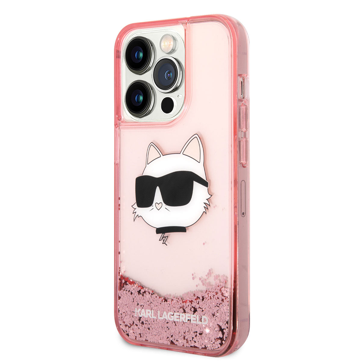 Apple iPhone 14 Pro Max Kılıf Karl Lagerfeld Sıvılı Simli Choupette Head Dizayn Kapak Pembe