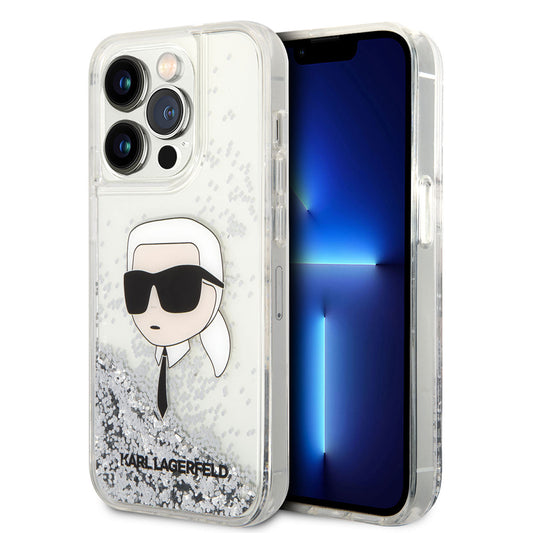 Apple iPhone 14 Pro Max Kılıf Karl Lagerfeld Sıvılı Simli Karl Head Dizayn Kapak Siyah
