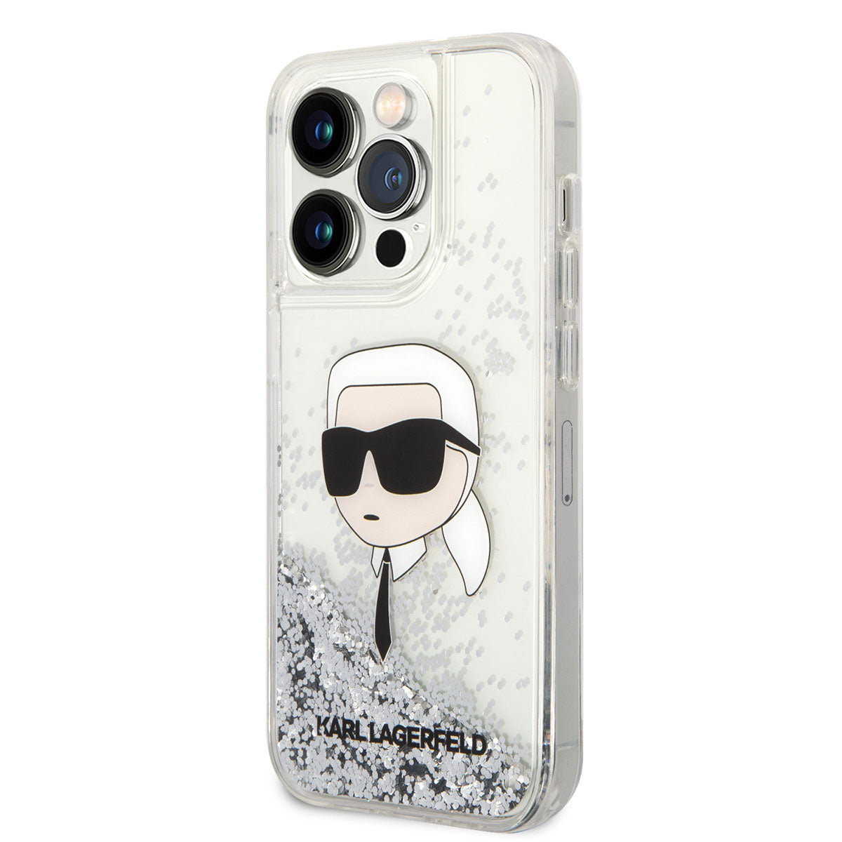 Apple iPhone 14 Pro Max Kılıf Karl Lagerfeld Sıvılı Simli Karl Head Dizayn Kapak Gümüş