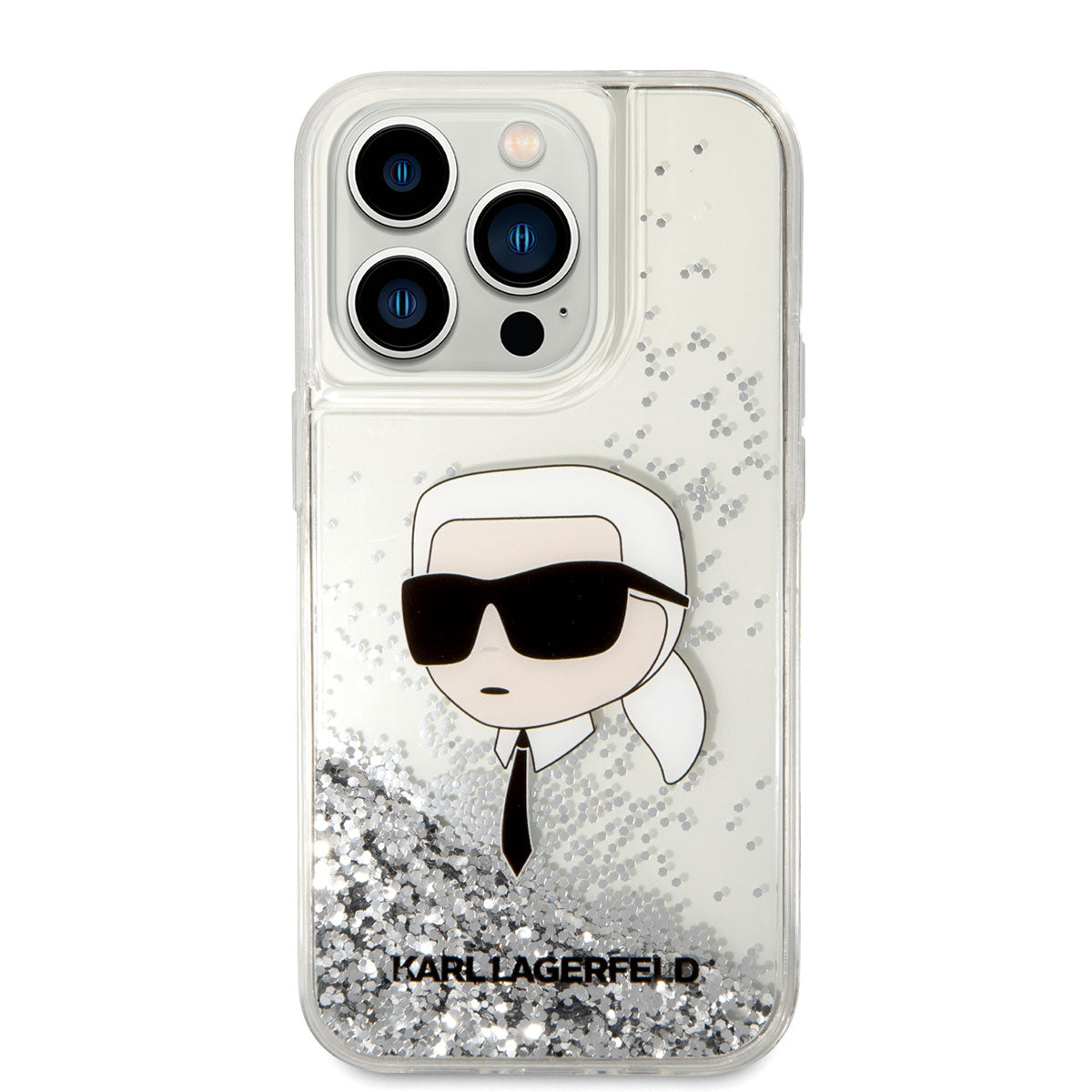 Apple iPhone 14 Pro Max Kılıf Karl Lagerfeld Sıvılı Simli Karl Head Dizayn Kapak Siyah
