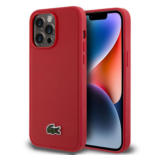 Apple iPhone 14 Pro Max Kılıf Lacoste Orjinal Lisanslı PU Pike Desenli Arka Yüzey İkonik Timsah Dokuma Logolu Kapak Kırmızı