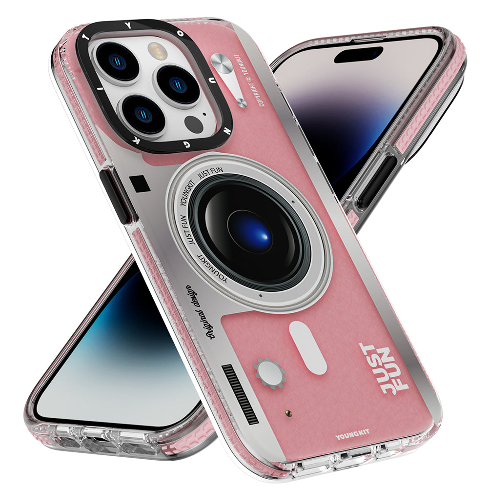 Apple iPhone 14 Pro Max Kılıf M-safe Şarj Özellikli Lens Figürlü YoungKit Art Film Serisi Kapak Pembe