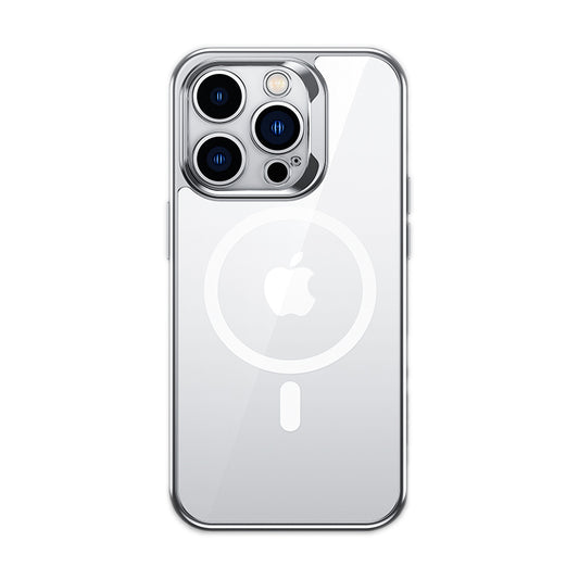 Apple iPhone 14 Pro Max Kılıf M-safe Şarj Özellikli Premium Cam Arka Yüzey Benks Electroplated Kapak Gümüş