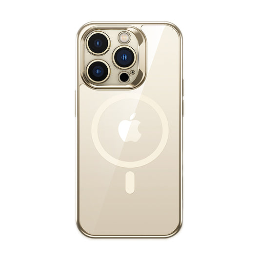 Apple iPhone 14 Pro Max Kılıf M-safe Şarj Özellikli Premium Cam Arka Yüzey Benks Electroplated Kapak Gold