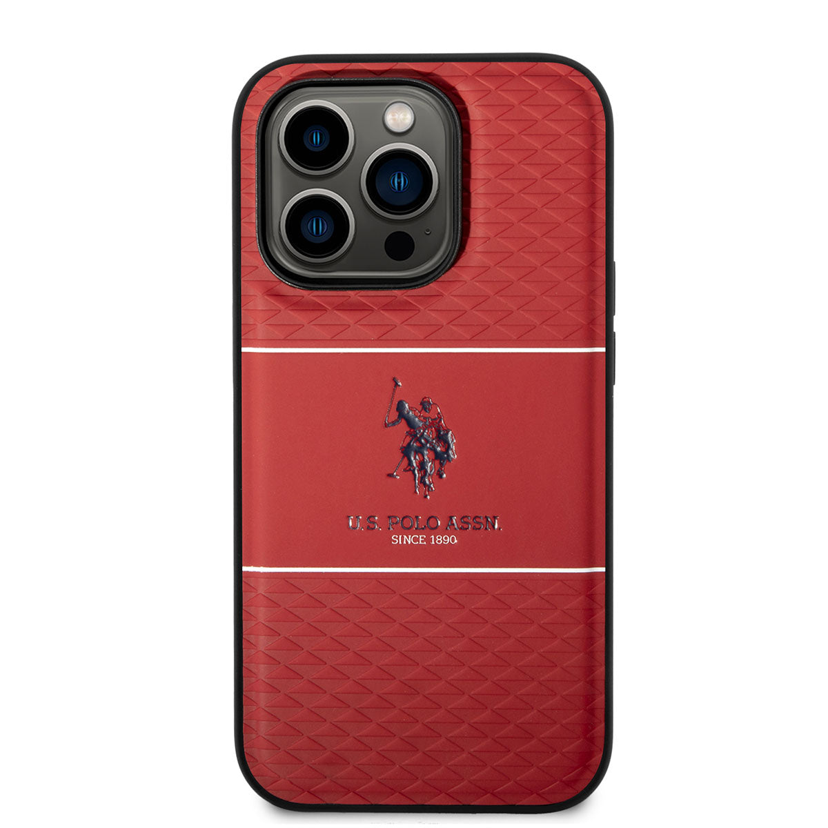 Apple iPhone 14 Pro Max Kılıf U.S. POLO ASSN. Deri Şeritli Logo Dizayn Kapak Kırmızı
