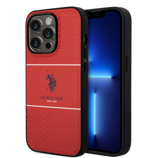 Apple iPhone 14 Pro Max Kılıf U.S. POLO ASSN. Deri Şeritli Logo Dizayn Kapak Kırmızı