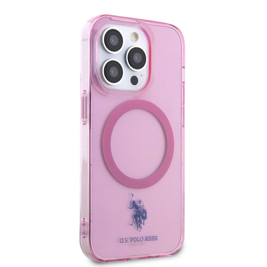 Apple iPhone 14 Pro Max Kılıf U.S. POLO ASSN. M-safe Şarj Özellikli Transparan Tasarım Kapak Pembe