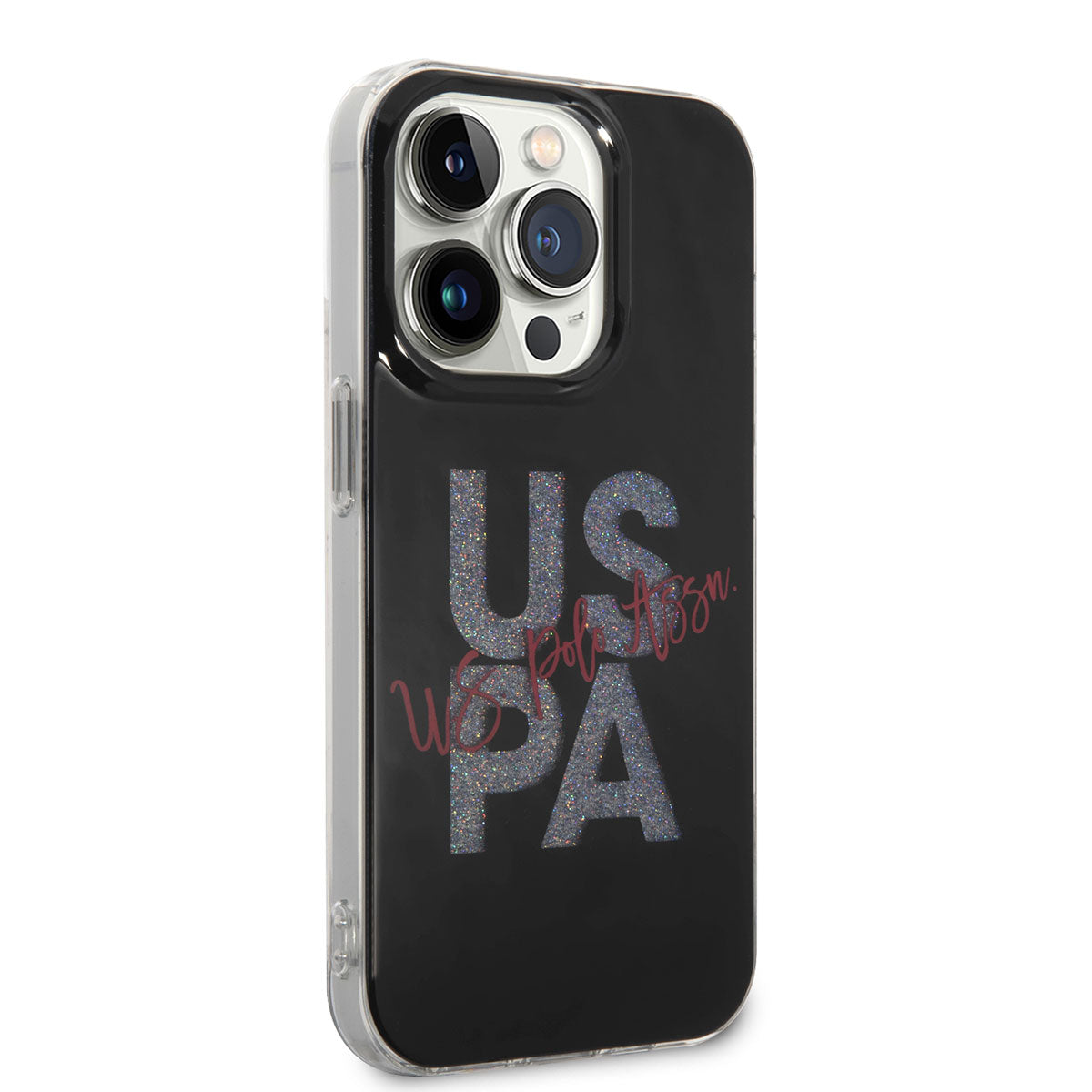 Apple iPhone 14 Pro Max Kılıf U.S. POLO ASSN. Simli Parlak Alfabe Tasarım Kapak Siyah