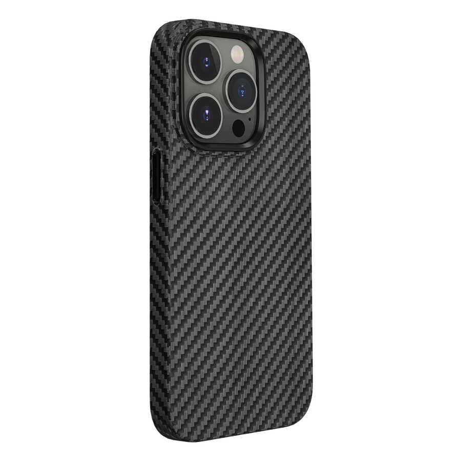 Apple iPhone 14 Pro Max Kılıf Wiwu Karbon Fiber Görünümlü M-safe Wireless Şarj Özellikli Kabon Kapak Mavi