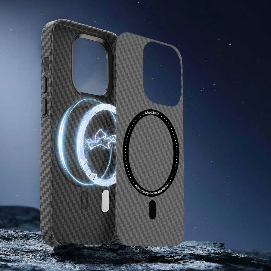 Apple iPhone 14 Pro Max Kılıf Wiwu Karbon Fiber Görünümlü M-safe Wireless Şarj Özellikli Kabon Kapak Siyah