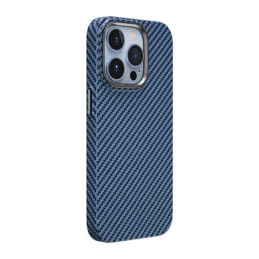 Apple iPhone 14 Pro Max Kılıf Wiwu Karbon Fiber Görünümlü M-safe Wireless Şarj Özellikli Kabon Kapak Mavi