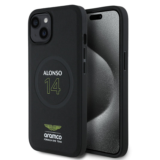 Apple iPhone 15 Kılıf Aston Martin Orjinal Lisanslı M-safe Şarj Özellikli PU Deri Alonso 14 Baskılı Kapak Siyah