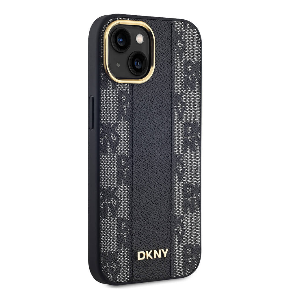 Apple iPhone 15 Kılıf DKNY Orjinal Lisanslı M-safe Şarj Özellikli 3D Yazılı Checkered Pattern Kapak Siyah