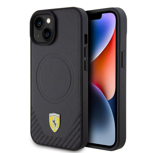 Apple iPhone 15 Kılıf Ferrari Orjinal Lisanslı M-safe Şarj Özellikli Metal Logolu PU Karbon Kapak Siyah