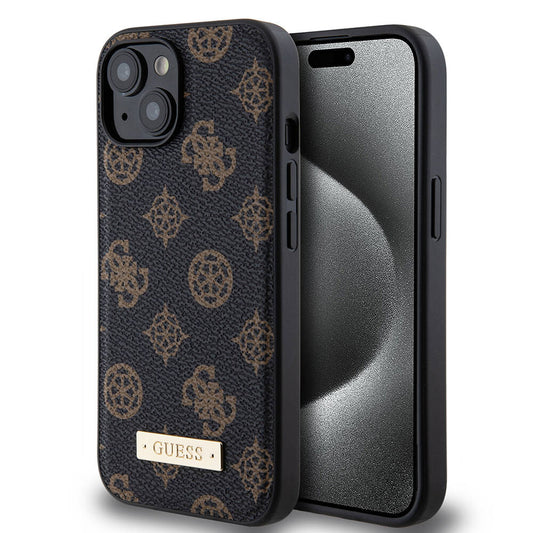 Apple iPhone 15 Kılıf Guess M-safe Şarj Özellikli PU Deri Desenli Metal Plaka Logolu Kapak Siyah