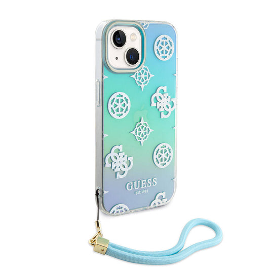 Apple iPhone 15 Kılıf Guess Orjinal Lisanslı Desenli Yazı Logolu Askı İpli Holografik Glitter Peony Kapak Mor