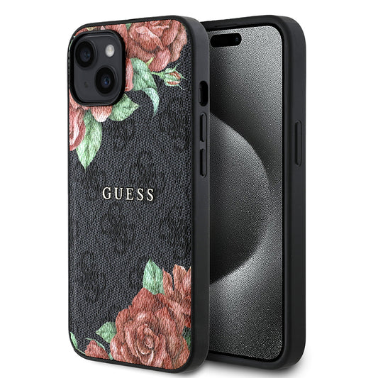 Apple iPhone 15 Kılıf Guess Orjinal Lisanslı M-safe Şarj Özellikli Gül Baskılı 4G Desenli Yazı Logolu Kapak Siyah