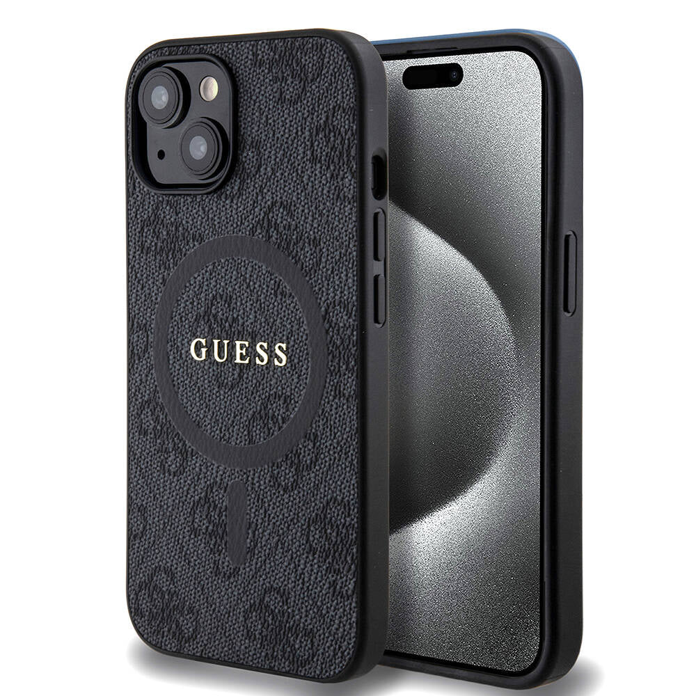 Apple iPhone 15 Kılıf Guess Orjinal Lisanslı M-safe Şarj Özellikli PU Halkalı 4G Desenli Yazı Logolu Kapak Kahverengi