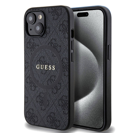 Apple iPhone 15 Kılıf Guess Orjinal Lisanslı M-safe Şarj Özellikli PU Halkalı 4G Desenli Yazı Logolu Kapak Kahverengi