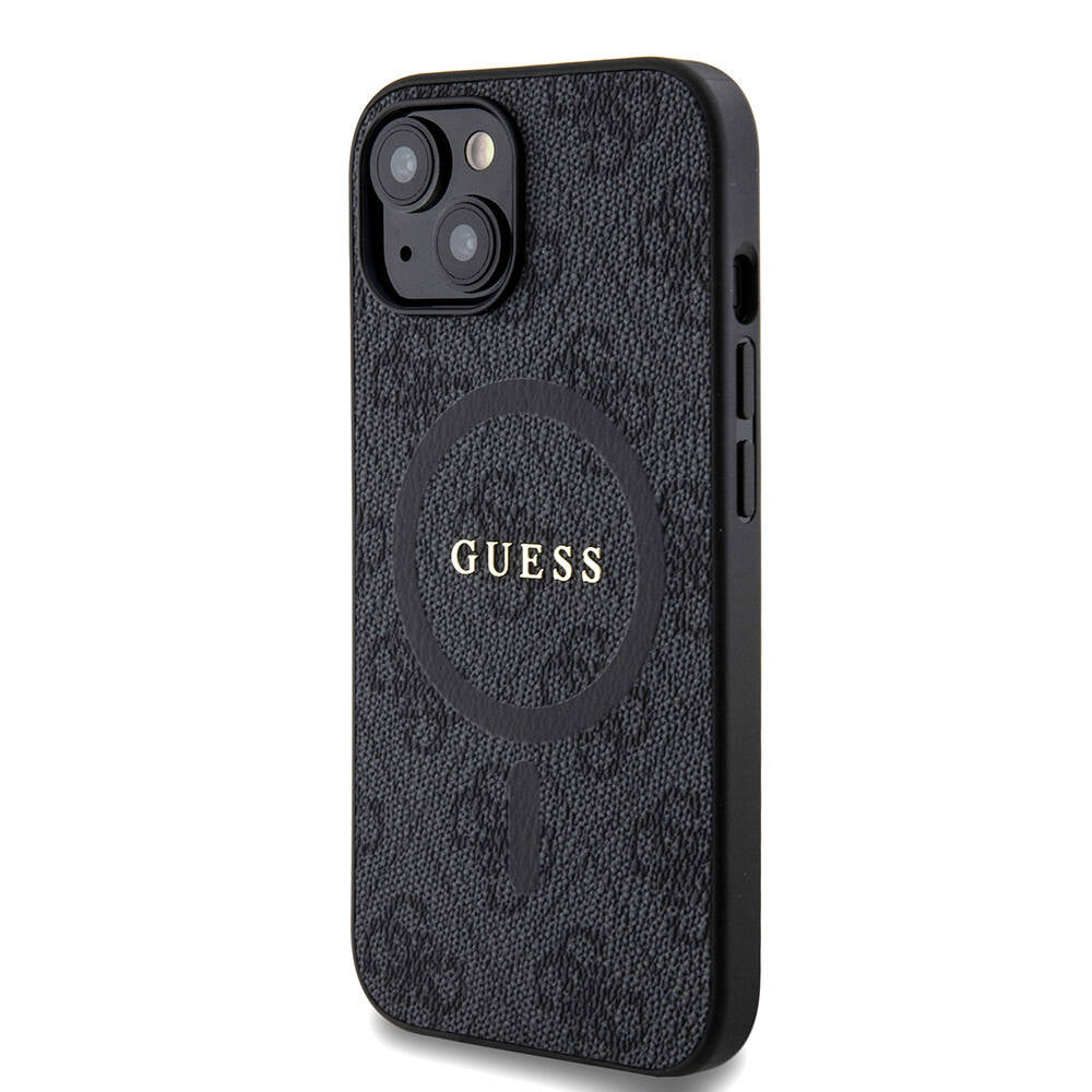 Apple iPhone 15 Kılıf Guess Orjinal Lisanslı M-safe Şarj Özellikli PU Halkalı 4G Desenli Yazı Logolu Kapak Kahverengi