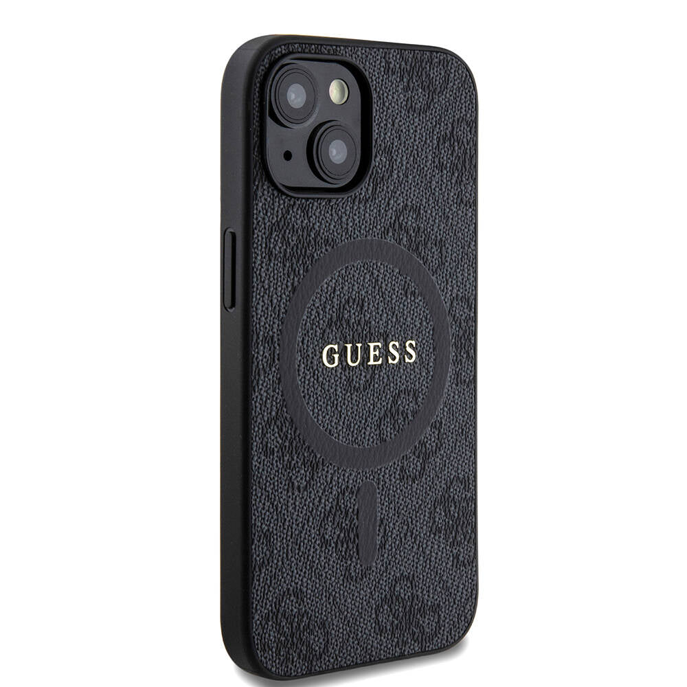 Apple iPhone 15 Kılıf Guess Orjinal Lisanslı M-safe Şarj Özellikli PU Halkalı 4G Desenli Yazı Logolu Kapak Pembe