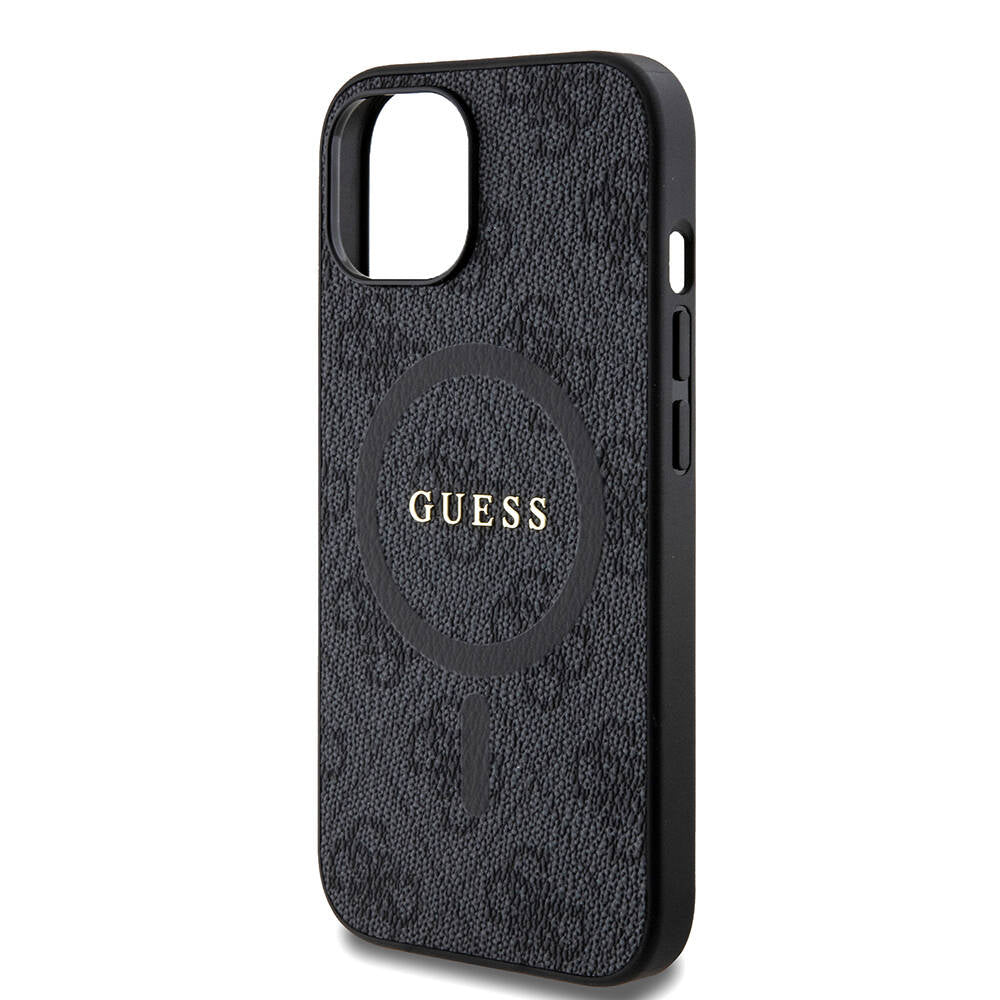 Apple iPhone 15 Kılıf Guess Orjinal Lisanslı M-safe Şarj Özellikli PU Halkalı 4G Desenli Yazı Logolu Kapak Kahverengi