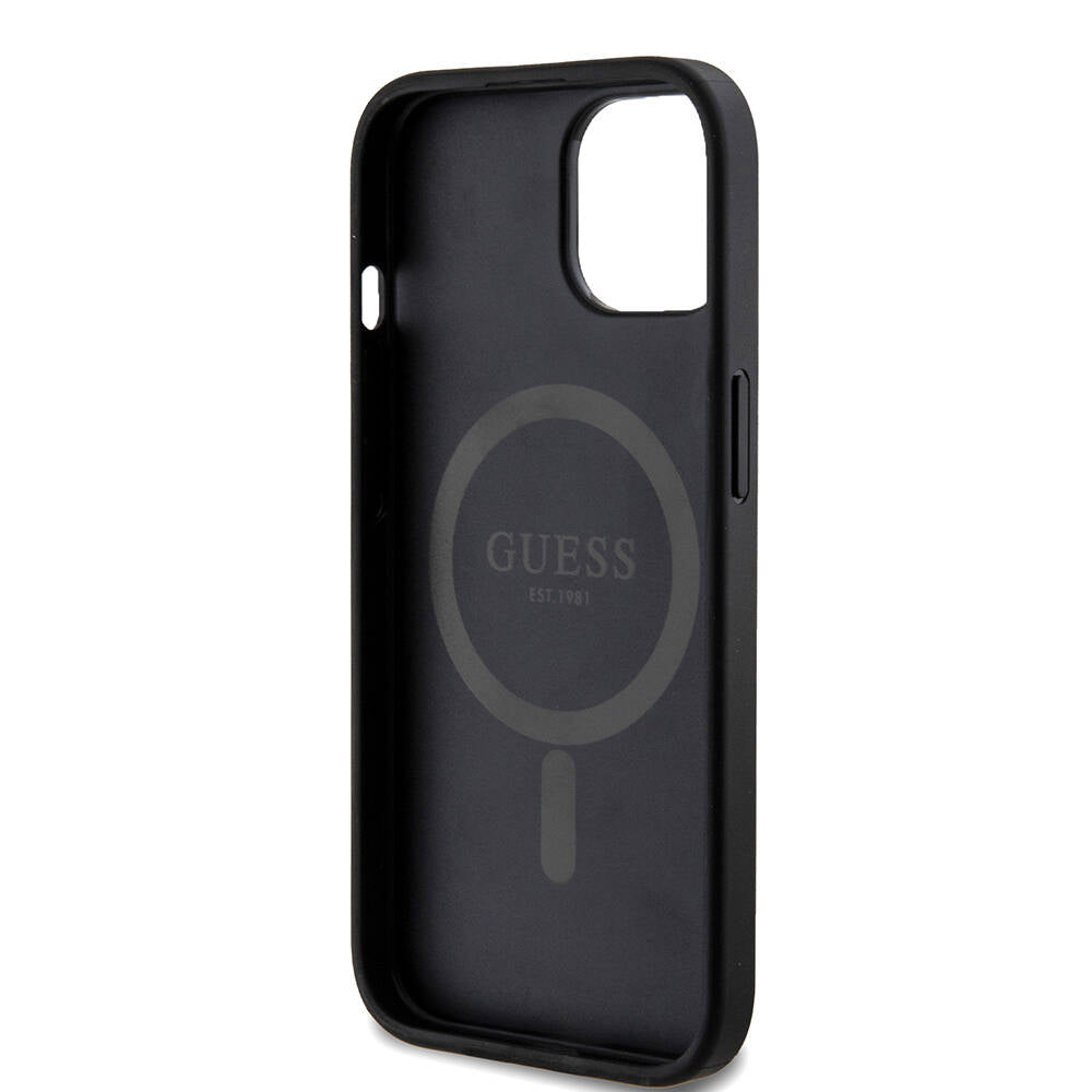 Apple iPhone 15 Kılıf Guess Orjinal Lisanslı M-safe Şarj Özellikli PU Halkalı 4G Desenli Yazı Logolu Kapak Siyah