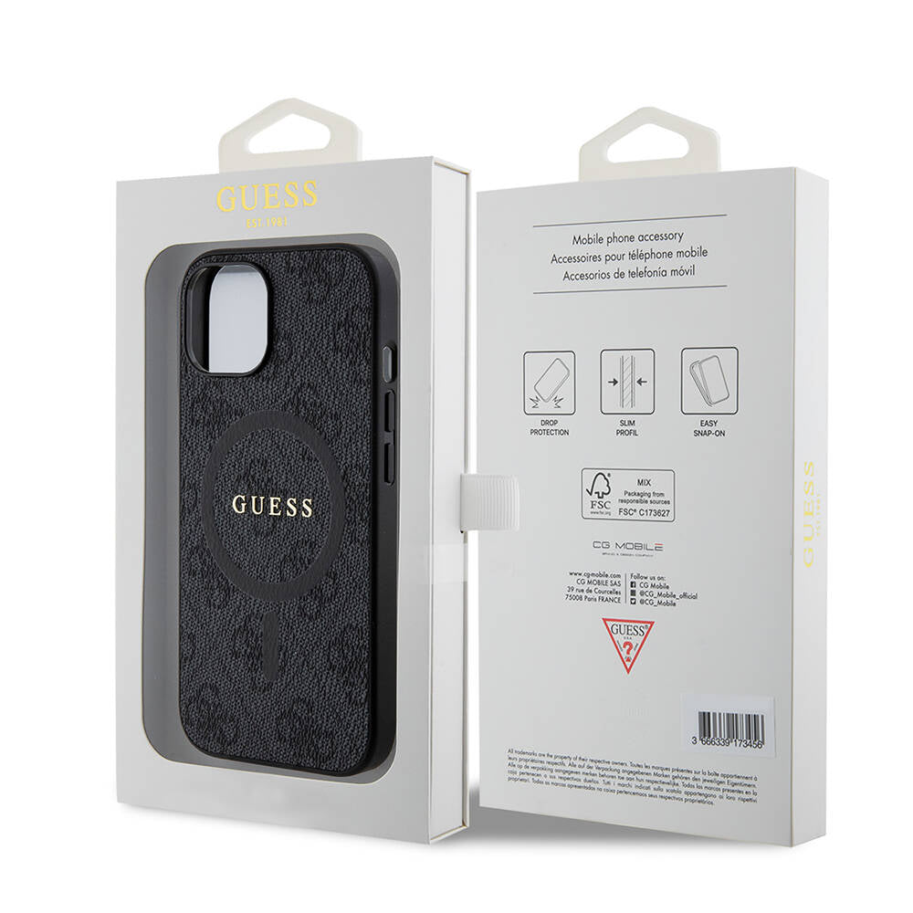 Apple iPhone 15 Kılıf Guess Orjinal Lisanslı M-safe Şarj Özellikli PU Halkalı 4G Desenli Yazı Logolu Kapak Siyah