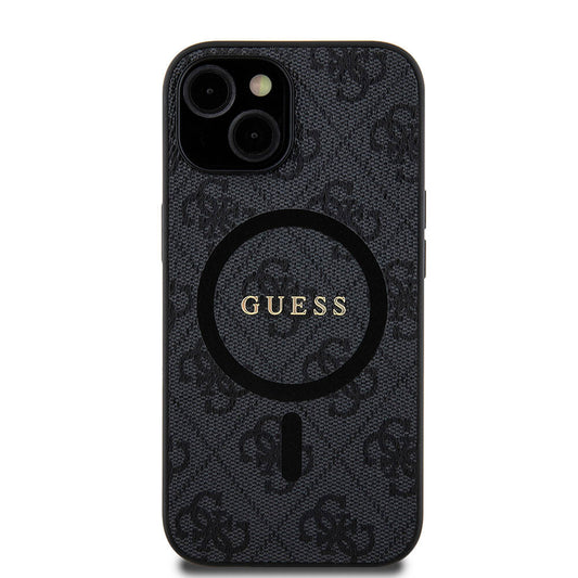 Apple iPhone 15 Kılıf Guess Orjinal Lisanslı M-safe Şarj Özellikli PU Halkalı 4G Desenli Yazı Logolu Kapak Siyah