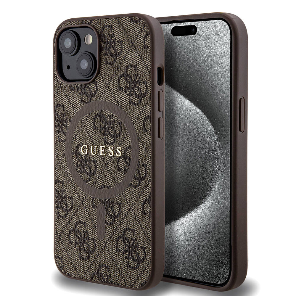 Apple iPhone 15 Kılıf Guess Orjinal Lisanslı M-safe Şarj Özellikli PU Halkalı 4G Desenli Yazı Logolu Kapak Kahverengi