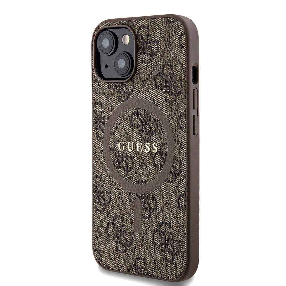 Apple iPhone 15 Kılıf Guess Orjinal Lisanslı M-safe Şarj Özellikli PU Halkalı 4G Desenli Yazı Logolu Kapak Pembe