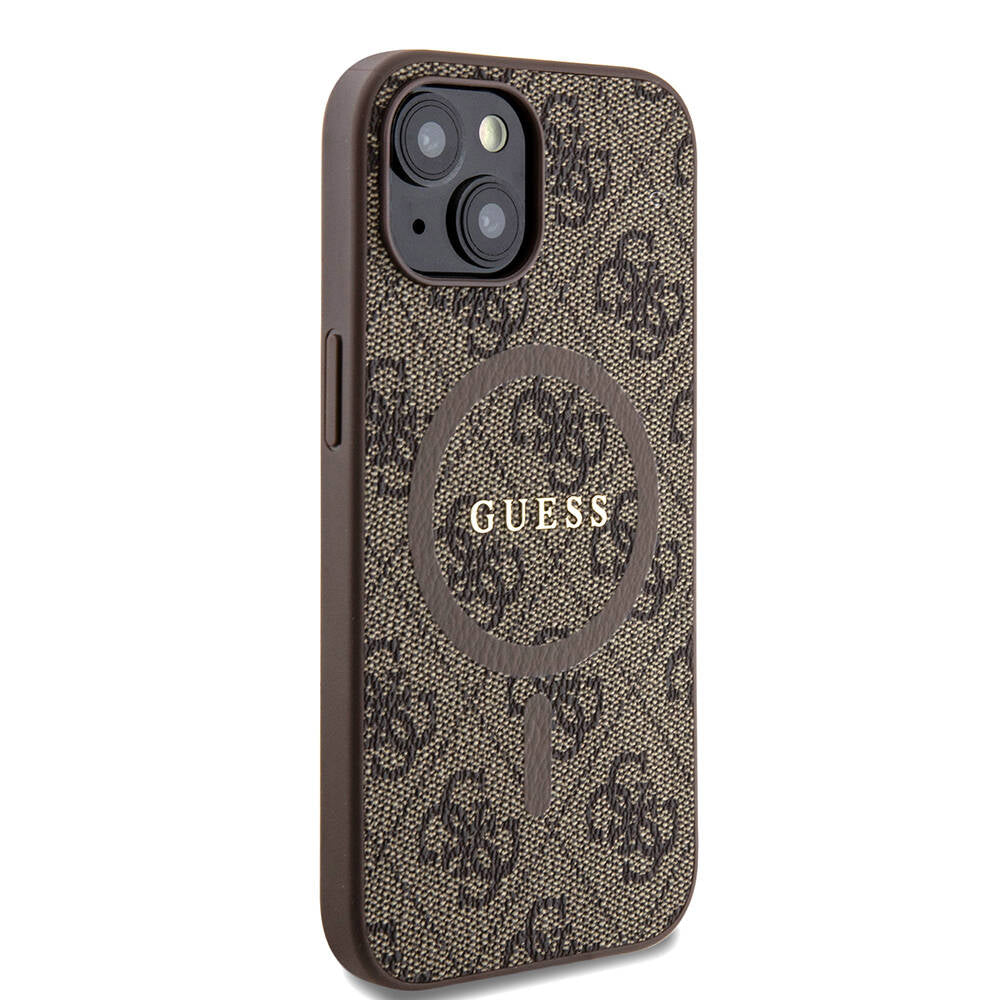 Apple iPhone 15 Kılıf Guess Orjinal Lisanslı M-safe Şarj Özellikli PU Halkalı 4G Desenli Yazı Logolu Kapak Kahverengi