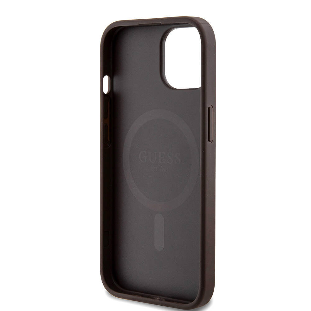Apple iPhone 15 Kılıf Guess Orjinal Lisanslı M-safe Şarj Özellikli PU Halkalı 4G Desenli Yazı Logolu Kapak Kahverengi